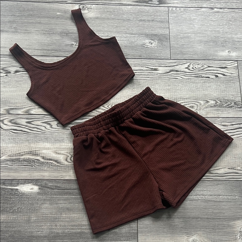 Brown Ribbed Tank Top and Shorts Set